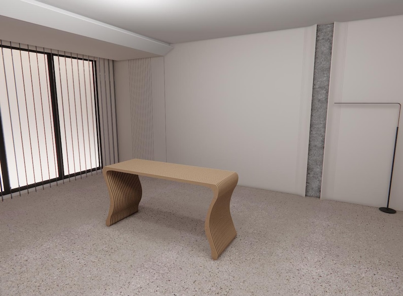 May include: A light-colored wooden desk with a unique, wavy design. The desk has a rectangular top and curved legs, constructed from layered wood. The room features large windows and a speckled floor.