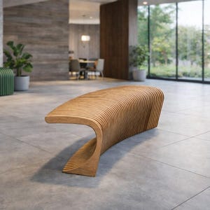 May include: A contemporary wooden bench with a distinctive, curved form. The bench is constructed from light brown wood, featuring a series of parallel, curved slats. It's situated in a modern interior with large windows and a tiled floor.