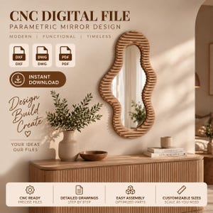 May include: A CNC digital file for a parametric mirror design featuring an irregular, wavy wooden frame. The image displays text including CNC DIGITAL FILE, PARAMETRIC MIRROR DESIGN, DXF, DWG, PDF, INSTANT DOWNLOAD, and Design Build Create.