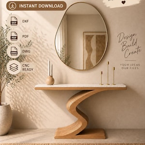 Puede incluir: Un archivo digital para una mesa consola paramétrica con tapa blanca y base de madera ondulada. La imagen incluye el texto: CNC DIGITAL FILE, PARAMETRIC CONSOLE TABLE, INSTANT DOWNLOAD, DXF, PDF, DWG, CNC READY, NO PHYSICAL PRODUCT, Design Build Create.