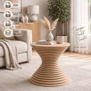 May include: A digital file for a parametric side table featuring a stacked, circular, light-colored wooden design. The image includes text labels: CNC DIGITAL FILE, NO PHYSICAL PRODUCT, INSTANT DOWNLOAD, DXF, PDF, DWG, CNC READY, Design Build Create YOUR IDEAS, PARAMETRIC DESIGN, DETAILED DRAWINGS, EASY ASSEMBLY, and CUSTOMIZABLE SIZES.