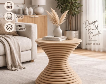 Puede incluir: Un archivo digital para una mesa auxiliar paramétrica con un diseño de madera clara, circular y apilado. La imagen incluye los textos: CNC DIGITAL FILE, NO PHYSICAL PRODUCT, INSTANT DOWNLOAD, DXF, PDF, DWG, CNC READY, Design Build Create YOUR IDEAS, PARAMETRIC DESIGN, DETAILED DRAWINGS, EASY ASSEMBLY y CUSTOMIZABLE SIZES.