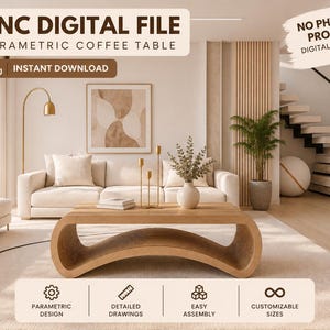 May include: A digital file for a parametric coffee table featuring a curved, layered wooden design. The image includes text: CNC DIGITAL FILE, PARAMETRIC COFFEE TABLE, INSTANT DOWNLOAD, NO PHYSICAL PRODUCT, DXF, PDF, DWG, CNC READY, Design Build Create.