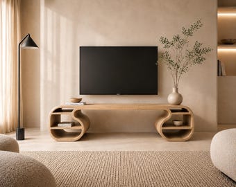 オーガニックカーブTVスタンド｜モダン木製メディアコンソール｜デジタルダウンロードCNCファイル