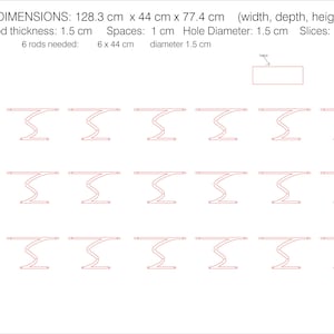 以下が含まれることがあります： テーブルのデザイン図で、寸法は128.3 cm x 44 cm x 77.4 cm。デザインは18のスライス、木材の厚さ1.5 cm、穴の直径1.5 cmを含みます。44 cmのロッドが6本必要です。
