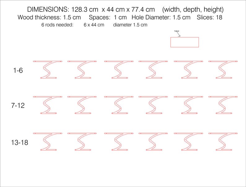 以下が含まれることがあります： テーブルのデザイン図で、寸法は128.3 cm x 44 cm x 77.4 cm。デザインは18のスライス、木材の厚さ1.5 cm、穴の直径1.5 cmを含みます。44 cmのロッドが6本必要です。