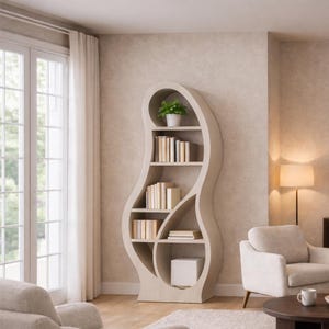 May include: A unique, light-colored wooden bookshelf with a curved, organic design. The shelves hold books and a small potted plant. The bookshelf is in a living room setting with a neutral color palette.