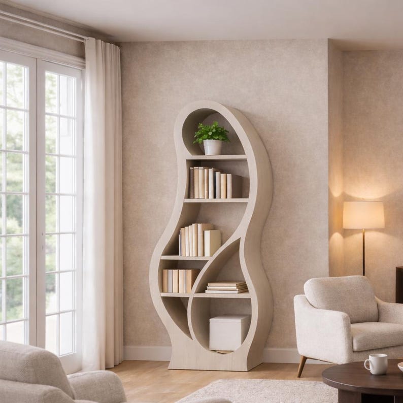 May include: A unique, light-colored wooden bookshelf with a curved, organic design. The shelves hold books and a small potted plant. The bookshelf is in a living room setting with a neutral color palette.