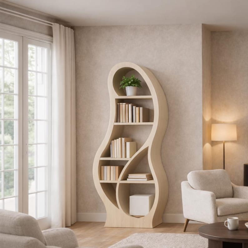 May include: A unique, light-colored wooden bookshelf with a curved, organic design. The shelves hold books and a small potted plant. The bookshelf is a statement piece in a modern living room setting.