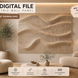 May include: A CNC digital file for a parametric wall panel featuring a wavy, vertical slat design. The file includes DXF, PDF, and DWG formats for instant download. This is a digital product only, providing customizable designs for CNC machines.