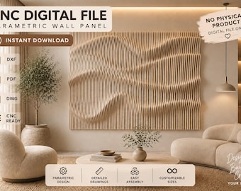Könnte beinhalten: Eine CNC-Digitaldatei für ein parametrisches Wandpaneel mit wellenförmigem vertikalem Lamellendesign. Die Datei enthält DXF-, PDF- und DWG-Formate zum sofortigen Download. Dies ist ein rein digitales Produkt für CNC-Maschinen.