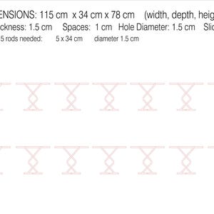 May include: A technical diagram showing 14 slices of a structure with dimensions 115 cm x 34 cm x 78 cm. It lists wood thickness as 1.5 cm, spaces as 1 cm, hole diameter as 1.5 cm, and specifies 5 rods needed at 34 cm length and 1.5 cm diameter.
