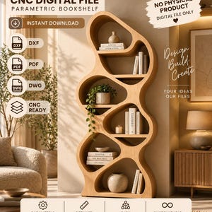 Op de afbeelding: Een digitaal bestand voor een parametrische boekenplank met een hoge structuur van licht hout, organische, vloeiende rondingen en meerdere onregelmatige opbergvakken. De afbeelding bevat tekstlabels voor DXF-, PDF-, DWG- en CNC-bestandsformaten.