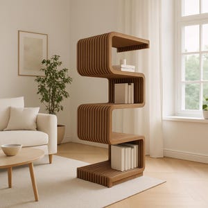 Parametric Modern Wooden Shelf | CNC Cut Layered Design | Z Shaped Decorative Bookshelf