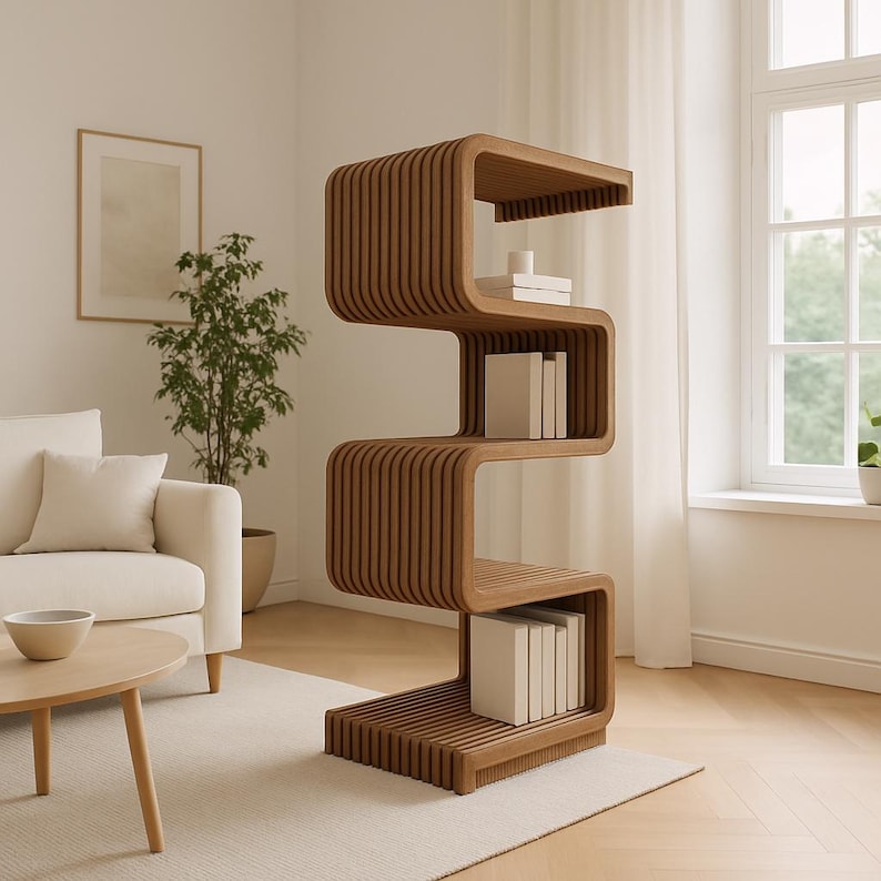 May include: A modern, brown wooden bookshelf with a unique, wavy design. The bookshelf has multiple shelves, each holding stacks of white books. The design is a striking zig-zag shape, perfect for a contemporary living space.