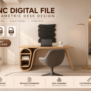 Puede incluir: Un archivo digital CNC para un diseño de escritorio paramétrico, en formatos DXF, DWG y PDF. El escritorio tiene un acabado de madera clara con estantes laterales integrados. El texto incluye CNC DIGITAL FILE, PARAMETRIC DESK DESIGN, MODERN, FUNCTIONAL, TIMELESS, INSTANT DOWNLOAD, DESIGN BUILD CREATE, CNC READY, DETAILED DRAWINGS, EASY ASSEMBLY y CUSTOMIZABLE SIZES.
