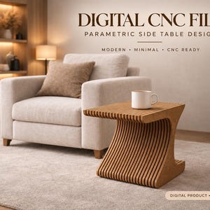 May include: A digital CNC file for a parametric side table design. The image displays a brown wooden side table with a slatted, curved structure, topped with a white mug. Text includes DIGITAL CNC FILE, PARAMETRIC SIDE TABLE DESIGN, MODERN, MINIMAL, CNC READY, DXF, DWG, PDF, INSTANT DOWNLOAD, and DIGITAL PRODUCT - NO PHYSICAL ITEM.