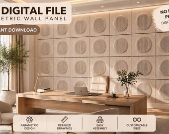 May include: A CNC digital file for a parametric wall panel featuring a repeating pattern of light wood vertical slats with circular cutouts. The graphic includes text: CNC DIGITAL FILE, PARAMETRIC WALL PANEL, INSTANT DOWNLOAD, NO PHYSICAL PRODUCT, DXF, PDF, DWG, CNC READY, PARAMETRIC DESIGN, DETAILED DRAWINGS, EASY ASSEMBLY, CUSTOMIZABLE SIZES, and Design Build Create YOUR IDEAS.