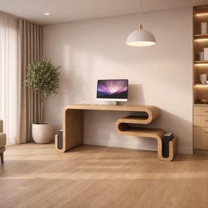 Op de afbeelding: Een moderne thuiskantoor met een licht houten bureau en bijpassende inbouwkasten. Een computermonitor staat op het bureau. Een beige fauteuil en een plant in pot staan in de kamer. De kamer heeft hardhouten vloeren en een groot raam.