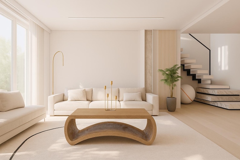 May include: A modern living room with a light color palette. Features include a beige sofa, a wooden coffee table, a gold floor lamp, and a staircase. A potted plant and decorative candles add to the decor.