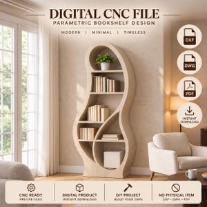 Könnte beinhalten: Ein helles Holzregal mit einer geschwungenen, organischen Form und mehreren Ablagen, die Bücher und eine kleine Topfpflanze enthalten. Der Text lautet DIGITAL CNC FILE, PARAMETRIC BOOKSHELF DESIGN, MODERN, MINIMAL, TIMELESS, DXF, DWG, PDF.