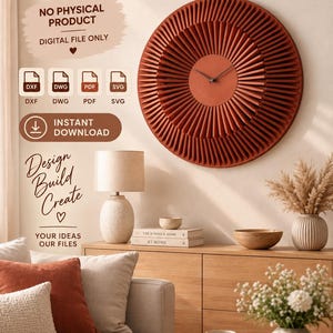 May include: A digital file for a parametric wall clock design, featuring a circular terracotta-coloured clock with radiating slats and thin black hands. The text reads CNC DIGITAL FILE, PARAMETRIC WALL CLOCK DESIGN, NO PHYSICAL PRODUCT, and INSTANT DOWNLOAD.