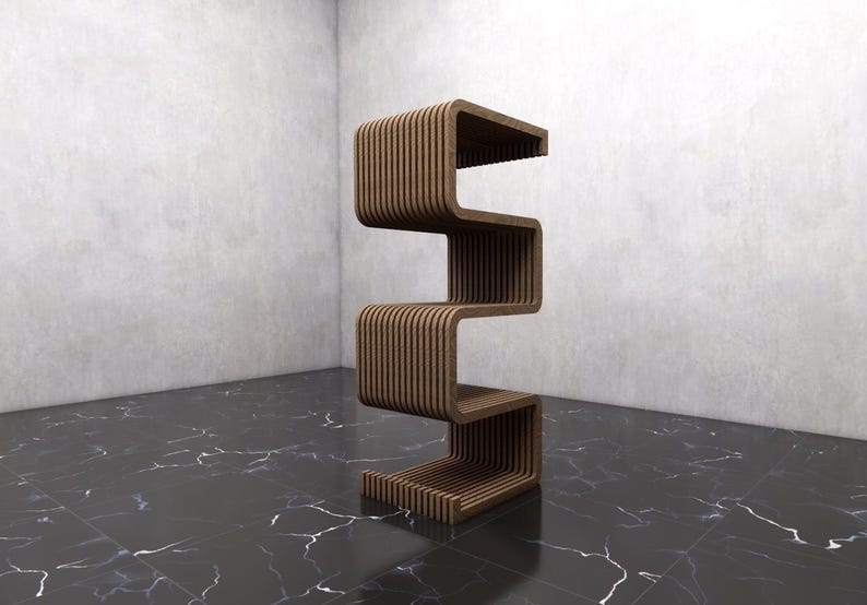 May include: A modern, brown wooden shelf unit with a unique, zig-zag design. The unit has multiple open shelves, perfect for displaying items. The wood grain is visible, adding warmth to the contemporary design. The unit stands on a dark, marble-like floor.