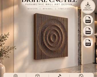 May include: A digital CNC file for parametric wall art featuring a square wooden panel with a concentric circular wave pattern. The design includes text labels for instant download, DXF, DWG, and PDF formats, and notes it is a DIY project.