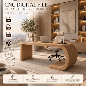 Puede incluir: Un archivo digital para un diseño de escritorio paramétrico en madera clara con una estructura curva de listones. El texto dice CNC DIGITAL FILE, PARAMETRIC DESK DESIGN, MODERN, MINIMAL, FUNCTIONAL, INSTANT DOWNLOAD, DESIGN BUILD CREATE, YOUR IDEAS OUR FILES.