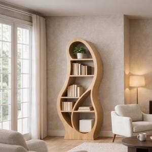 May include: A unique, light-colored wooden bookshelf with a curved, organic design. The bookshelf has multiple shelves of varying sizes, holding books and a small potted plant. The design is modern and stylish, suitable for a living room or home office.