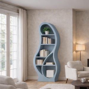 May include: A unique, light blue bookshelf with a curved, organic design. The shelves hold books and a small potted plant. The bookshelf is a stylish storage solution for any room.