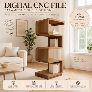 Op de afbeelding: Een digitaal CNC-bestand voor een parametrisch plankontwerp. De S-vormige houten plank heeft een lattenconstructie met meerdere horizontale oppervlakken voor opslag. De tekst in de afbeelding is: DIGITAL CNC FILE, PARAMETRIC SHELF DESIGN, INSTANT DOWNLOAD, DXF, DWG, SVG, PDF, DESIGN BUILD CREATE, TURN YOUR IDEAS INTO REALITY, CNC READY, DIGITAL PRODUCT, DIY PROJECT, NO PHYSICAL ITEM.