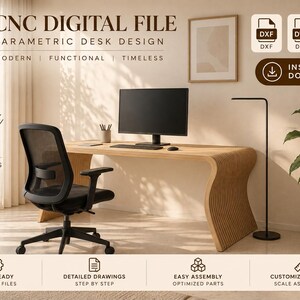 May include: A CNC digital file for a parametric desk design featuring a light wood finish with a curved, slatted structure. The file includes DXF, DWG, and PDF formats for instant download, providing detailed drawings, step-by-step assembly, and customizable sizes for precise CNC production.