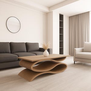 以下が含まれることがあります： ダークグレーのソファ、ライトベージュのアームチェア、ユニークな木製コーヒーテーブルを備えたモダンなリビングルーム。丸い黒い鏡が壁に掛かっています。テーブルには、ドライフラワーが入った白い花瓶が置かれています。