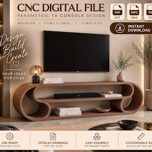 Könnte beinhalten: Eine digitale Datei für ein parametrisches TV-Konsolendesign, bestehend aus einem niedrigen Holzmöbel mit geschwungenen, schleifenförmigen Enden. Das Bild enthält Textbeschriftungen für CNC-Dateien, Sofort-Download sowie Symbole für DXF, DWG und PDF.