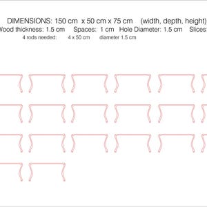 May include: A diagram with dimensions and specifications for a wooden table. The table design is repeated in rows, with dimensions of 59 inches wide, 20 inches deep, and 30 inches high. Wood thickness is 0.6 inches.