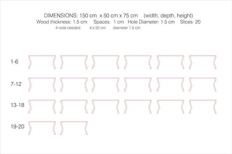 May include: A diagram with dimensions and specifications for a wooden table. The table design is repeated in rows, with dimensions of 59 inches wide, 20 inches deep, and 30 inches high. Wood thickness is 0.6 inches.