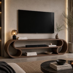 Puede incluir: Una consola multimedia de madera oscura con un diseño de bucle continuo y curvo que presenta dos estantes abiertos. La consola sostiene una barra de sonido negra, varios libros apilados, una lámpara de mesa de cristal con base negra y un pequeño jarrón de cerámica.