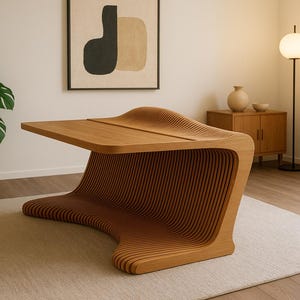 Puede incluir: Un escritorio moderno de madera con un diseño único en forma de ola. El escritorio está hecho de madera clara y presenta una base curva con listones verticales. La superficie superior es plana con una sutil ola. El escritorio está sobre una alfombra de color neutro.