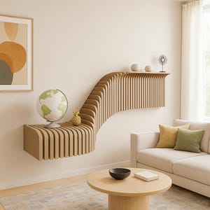 May include: A contemporary wooden wall shelf in a light colour, with a distinctive curved shape. The shelf has vertical slats and displays a globe, a decorative pineapple, and other small items. The room also features a round coffee table and a cream sofa.