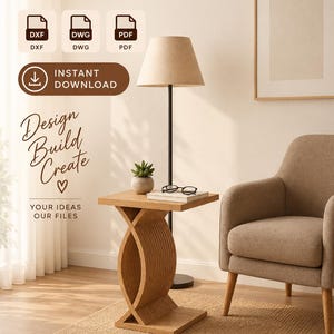 Puede incluir: Un archivo digital CNC para un diseño de mesa auxiliar paramétrica, incluyendo formatos DXF, DWG y PDF. El gráfico presenta texto como CNC DIGITAL FILE, INSTANT DOWNLOAD y Design Build Create, mostrando una mesa de madera con base curva.