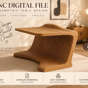 May include: A CNC digital file for a parametric table design featuring a light wood finish with a layered, slatted structure. The image includes text labels for DXF, DWG, and PDF file formats, along with icons for CNC ready, detailed drawings, easy assembly, and customisable sizes.