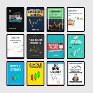 Puede incluir: Una colección de doce tabletas digitales que muestran portadas de libros relacionados con el trading y las finanzas. Los títulos incluyen "Candlestick Patterns", "Forex Trading" y "Simple Trading Book". Las portadas presentan gráficos y texto claro.