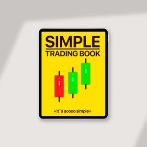 Könnte beinhalten: Ein gelbes digitales Tablet mit schwarzem Rand zeigt ein Buchcover mit dem Titel "SIMPLE TRADING BOOK" in schwarzer Schrift. Das Cover zeigt außerdem drei Kerzenleuchter-Diagramme, eines rot und zwei grün, mit dem Text "<<It's soooo simple>>" unten.