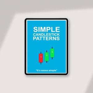 Puede incluir: Una pantalla de tableta azul con el texto "SIMPLE CANDLESTICK PATTERNS" y un gráfico de velas simple con tres velas. El texto "It's soooo simple" está en la parte inferior de la pantalla.
