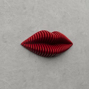 以下が含まれることがあります： グレーのテクスチャ背景に、赤い層状の唇の彫刻。 唇は水平で平行なストリップでできており、立体的な効果を生み出しています。 色は深みのある鮮やかな赤です。