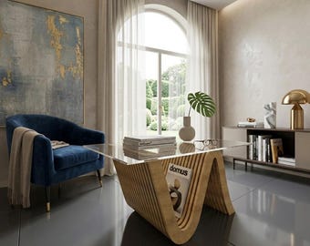 May include: A modern living room with a blue velvet armchair, a glass-top coffee table with a unique wooden base, and a gold-toned lamp. The coffee table has a magazine rack with a "domus" magazine.