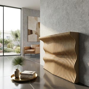 Peut inclure: Sculpture murale en bois avec un design ondulé. Composée de lattes verticales en bois, la sculpture présente une surface texturée et ondulante. La pièce, de couleur marron clair, est fixée à un mur gris. Elle s'intègre dans un intérieur moderne. Dimensions approximatives : 100 cm x 60 cm.
