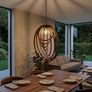 May include: A spherical pendant light fixture constructed from multiple concentric dark brown wooden rings. The light hangs from a thin cord, featuring a single exposed light bulb at its center, creating a layered, circular, and open-frame design.