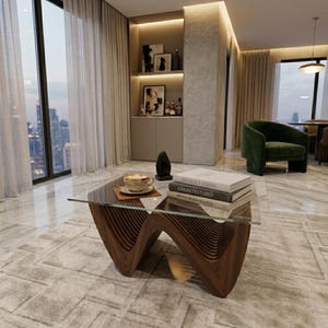 May include: A coffee table with a clear glass top and a dark brown, wave-shaped wooden base. On the table sits a ceramic cup on a saucer, a black abstract sculpture, and a stack of three books titled Abstract Forms, Urban Textures, and Design Principles.